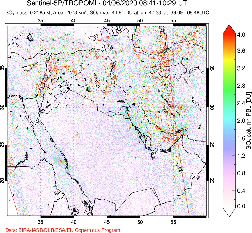 A sulfur dioxide image over Middle East on Apr 06, 2020.