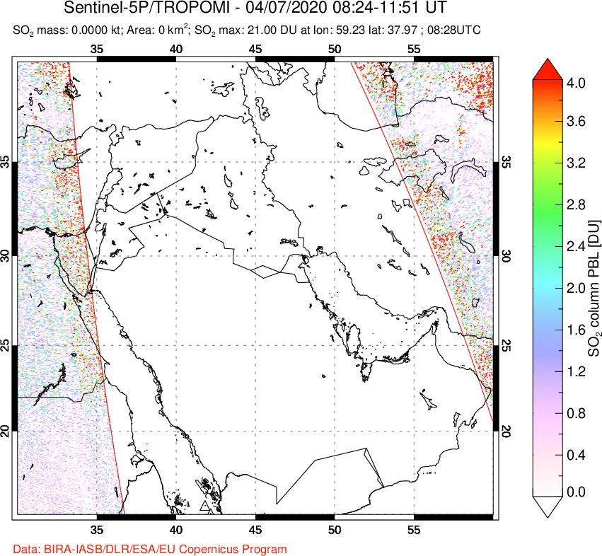 A sulfur dioxide image over Middle East on Apr 07, 2020.