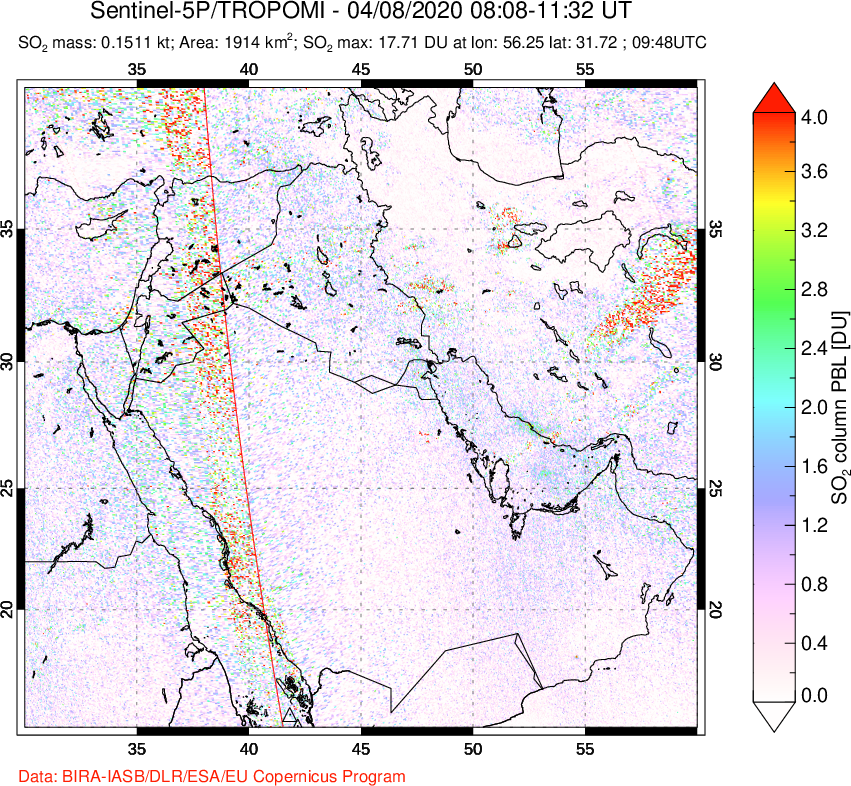 A sulfur dioxide image over Middle East on Apr 08, 2020.