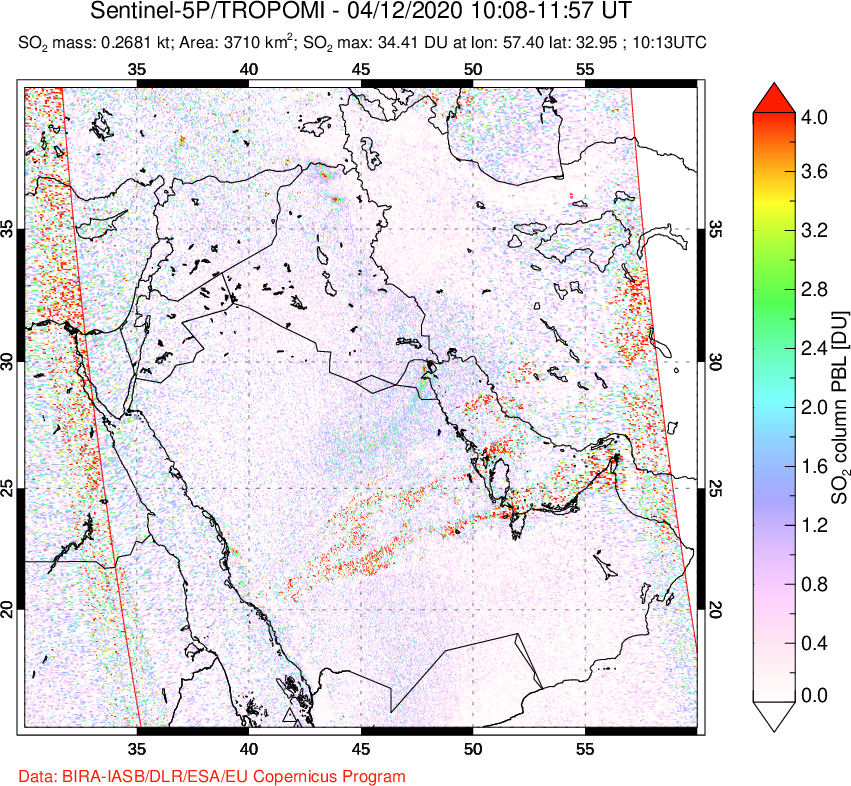 A sulfur dioxide image over Middle East on Apr 12, 2020.