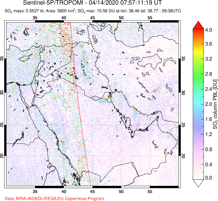 A sulfur dioxide image over Middle East on Apr 14, 2020.