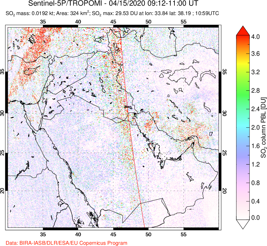A sulfur dioxide image over Middle East on Apr 15, 2020.