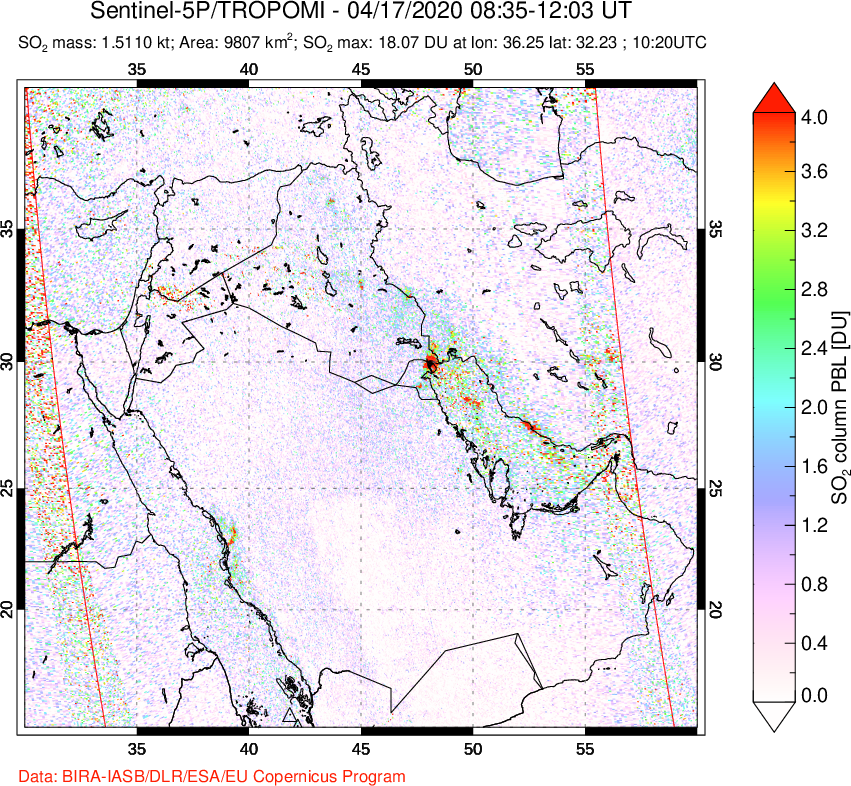 A sulfur dioxide image over Middle East on Apr 17, 2020.