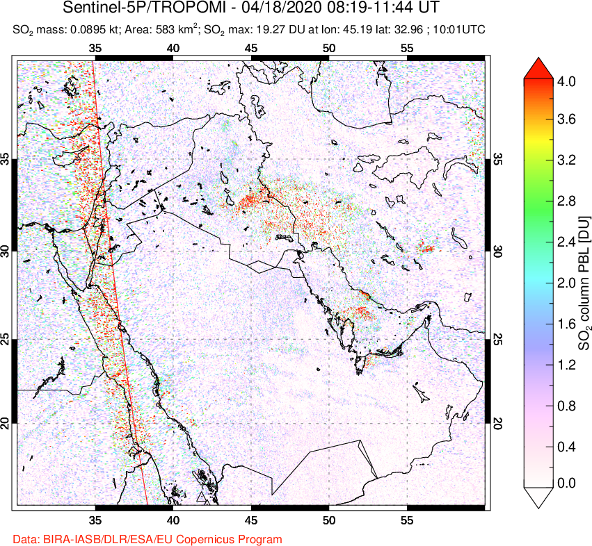 A sulfur dioxide image over Middle East on Apr 18, 2020.