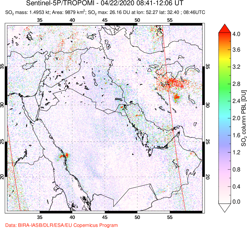A sulfur dioxide image over Middle East on Apr 22, 2020.