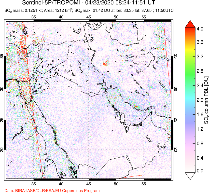 A sulfur dioxide image over Middle East on Apr 23, 2020.