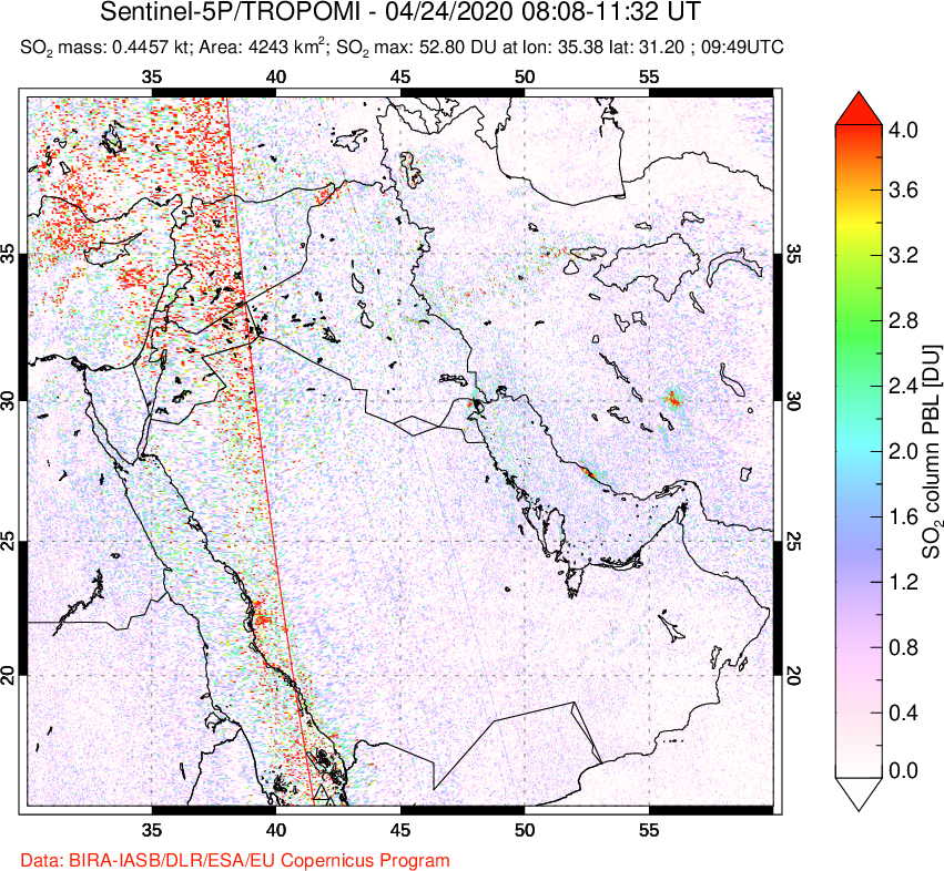 A sulfur dioxide image over Middle East on Apr 24, 2020.