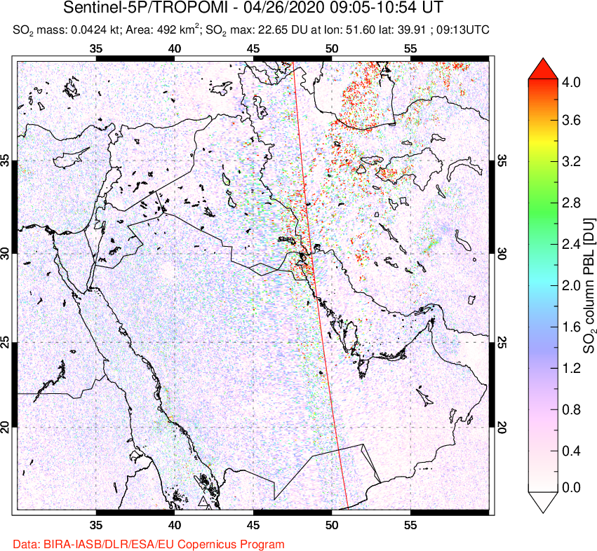 A sulfur dioxide image over Middle East on Apr 26, 2020.
