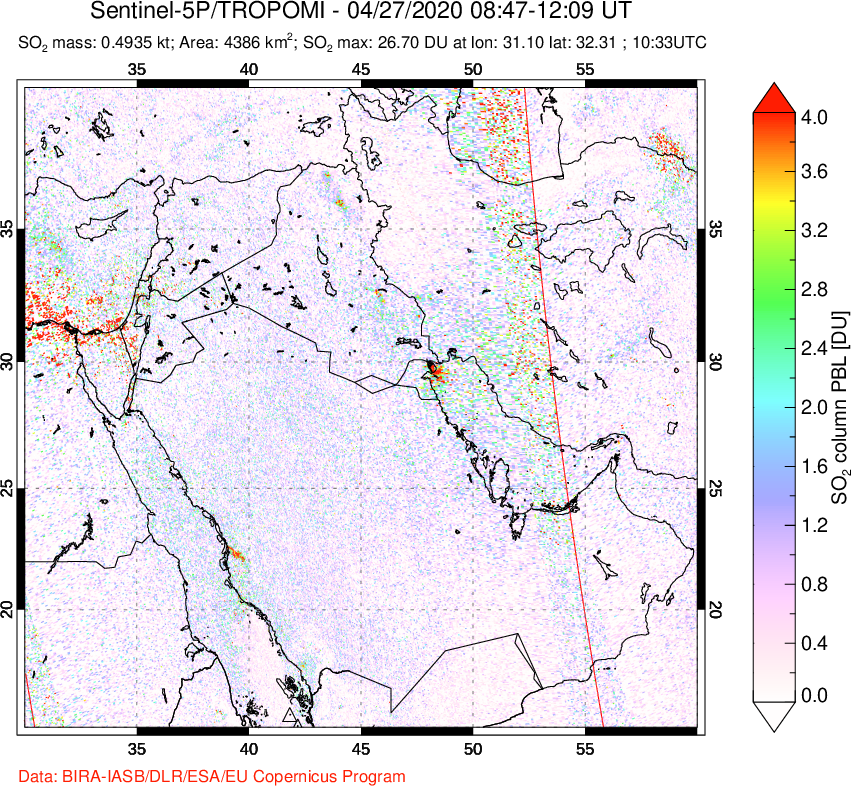 A sulfur dioxide image over Middle East on Apr 27, 2020.