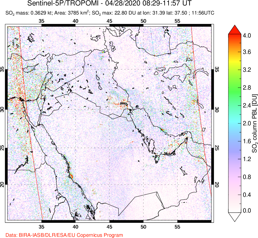 A sulfur dioxide image over Middle East on Apr 28, 2020.