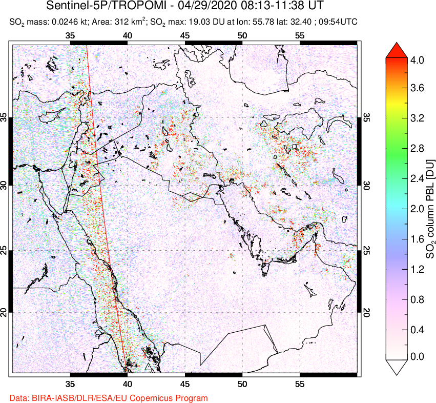 A sulfur dioxide image over Middle East on Apr 29, 2020.