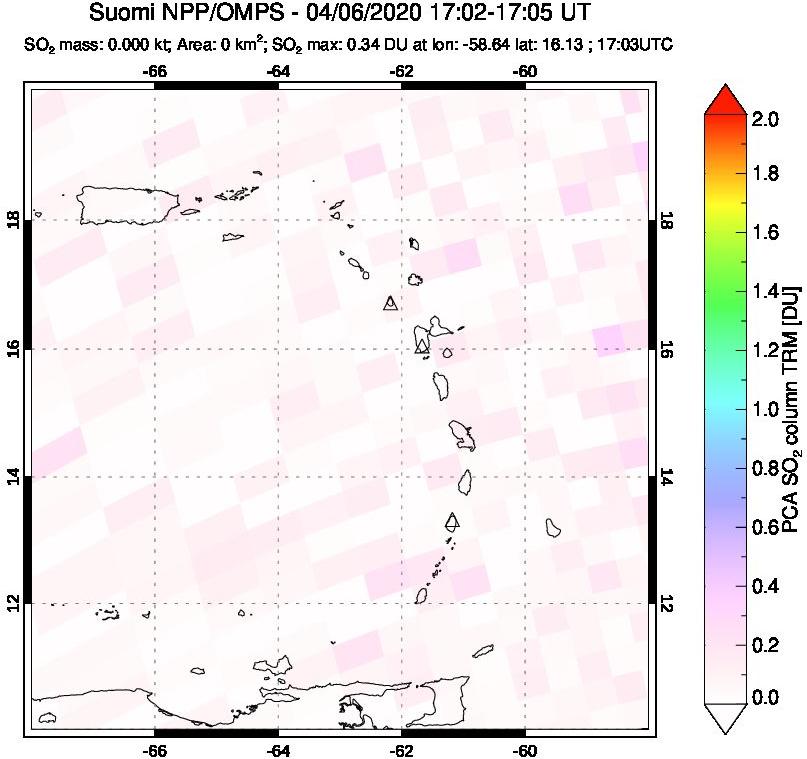 A sulfur dioxide image over Montserrat, West Indies on Apr 06, 2020.