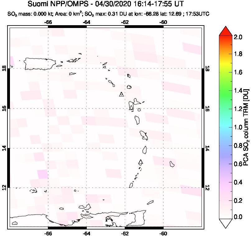 A sulfur dioxide image over Montserrat, West Indies on Apr 30, 2020.