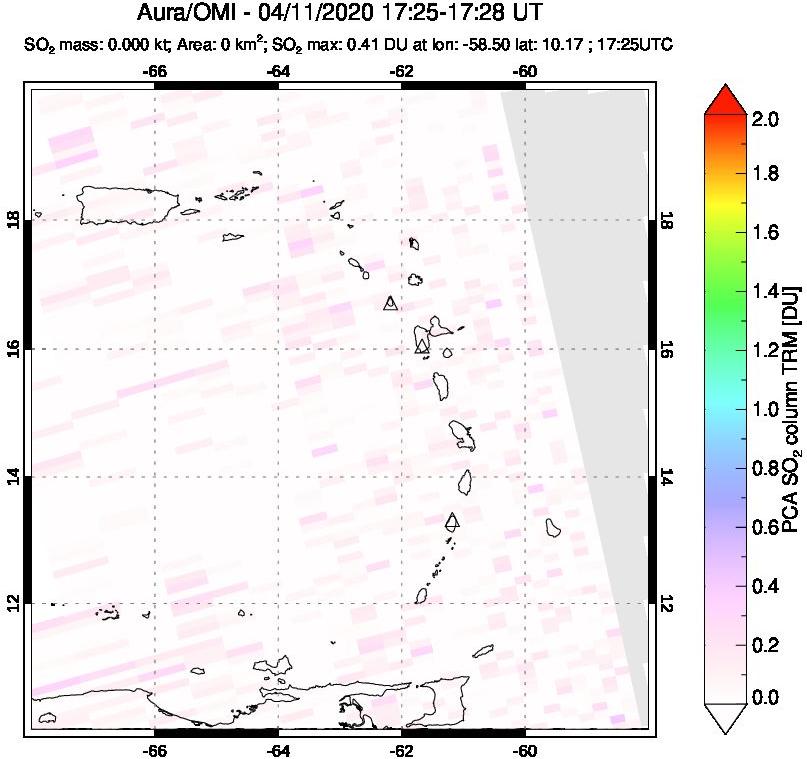 A sulfur dioxide image over Montserrat, West Indies on Apr 11, 2020.