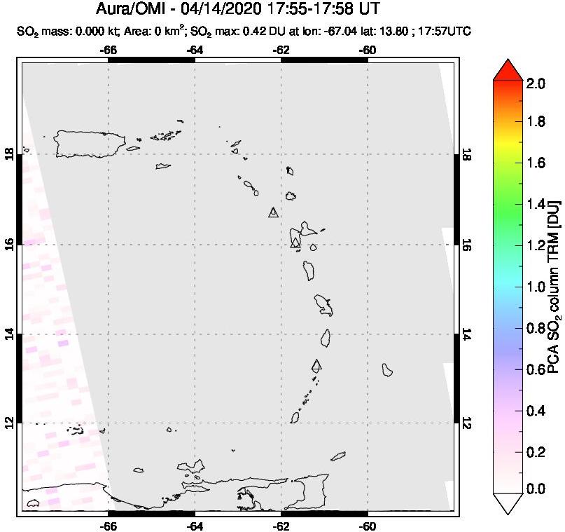 A sulfur dioxide image over Montserrat, West Indies on Apr 14, 2020.