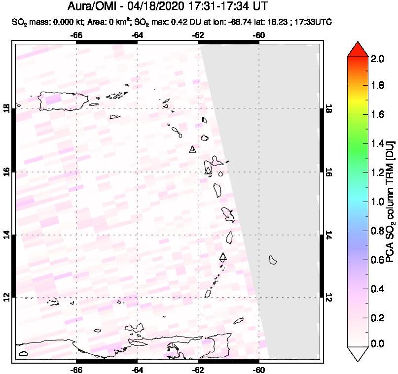 A sulfur dioxide image over Montserrat, West Indies on Apr 18, 2020.