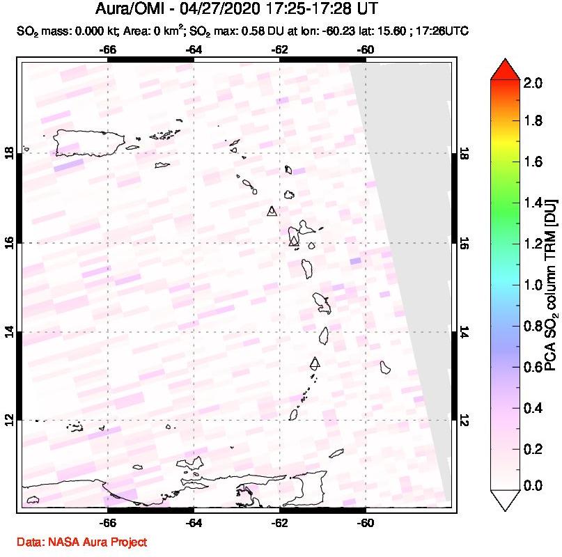 A sulfur dioxide image over Montserrat, West Indies on Apr 27, 2020.