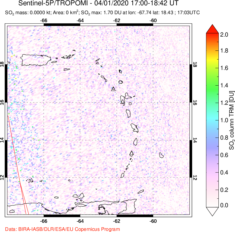 A sulfur dioxide image over Montserrat, West Indies on Apr 01, 2020.