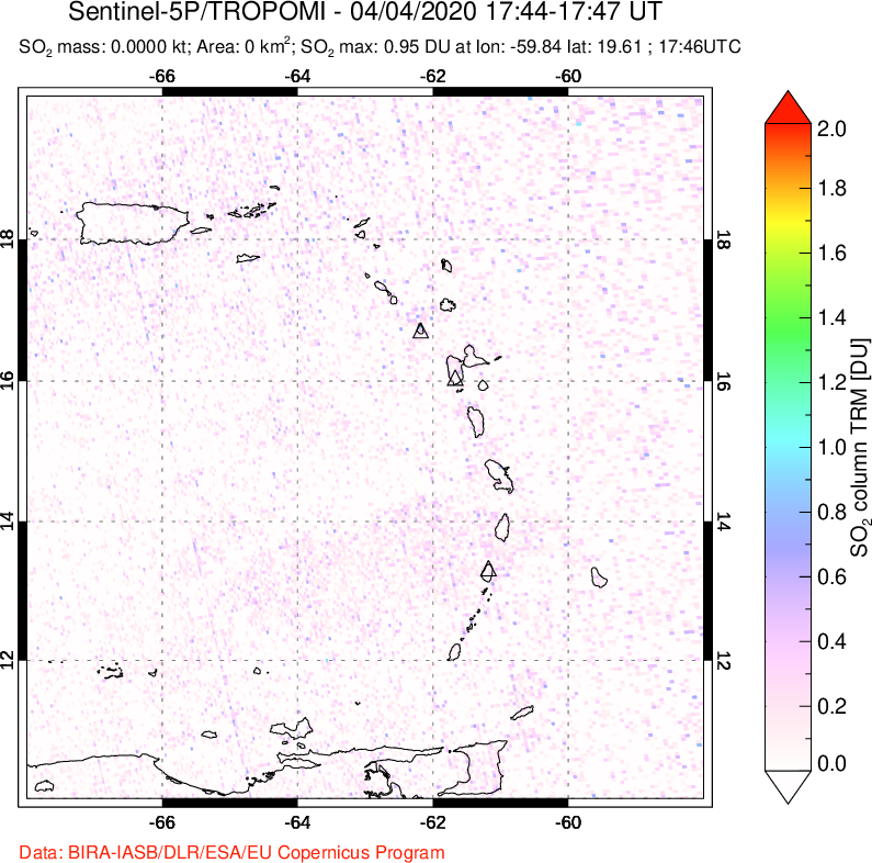 A sulfur dioxide image over Montserrat, West Indies on Apr 04, 2020.