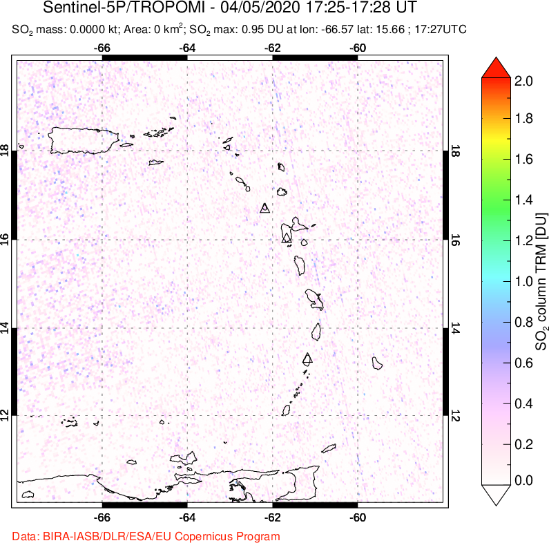 A sulfur dioxide image over Montserrat, West Indies on Apr 05, 2020.