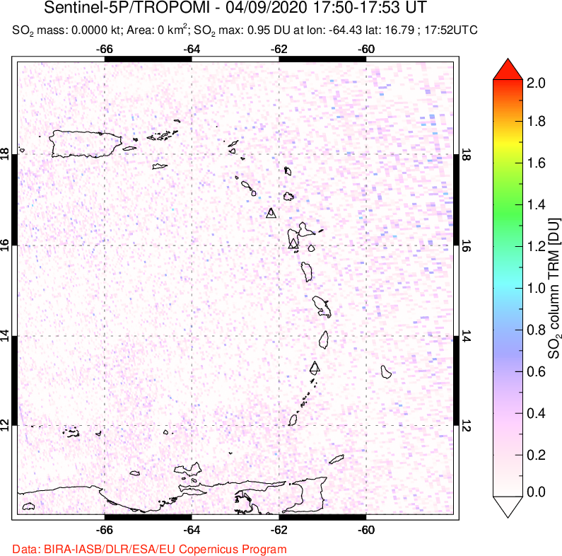 A sulfur dioxide image over Montserrat, West Indies on Apr 09, 2020.