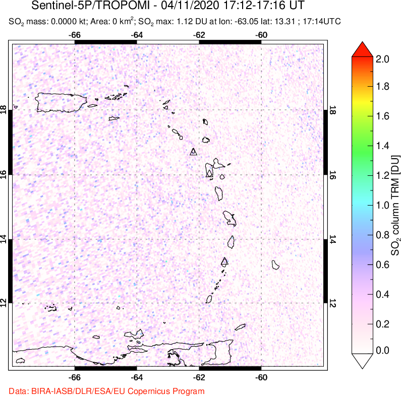 A sulfur dioxide image over Montserrat, West Indies on Apr 11, 2020.