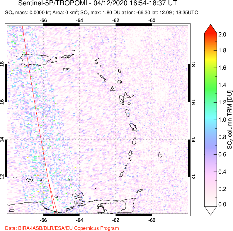 A sulfur dioxide image over Montserrat, West Indies on Apr 12, 2020.
