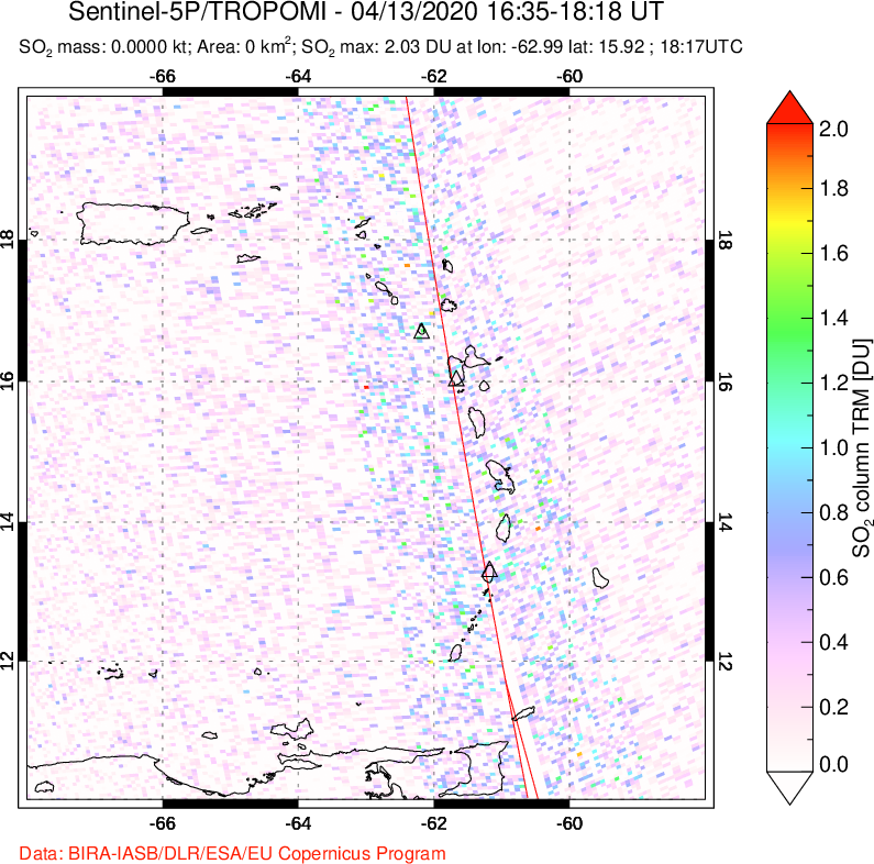 A sulfur dioxide image over Montserrat, West Indies on Apr 13, 2020.