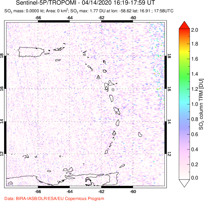 A sulfur dioxide image over Montserrat, West Indies on Apr 14, 2020.