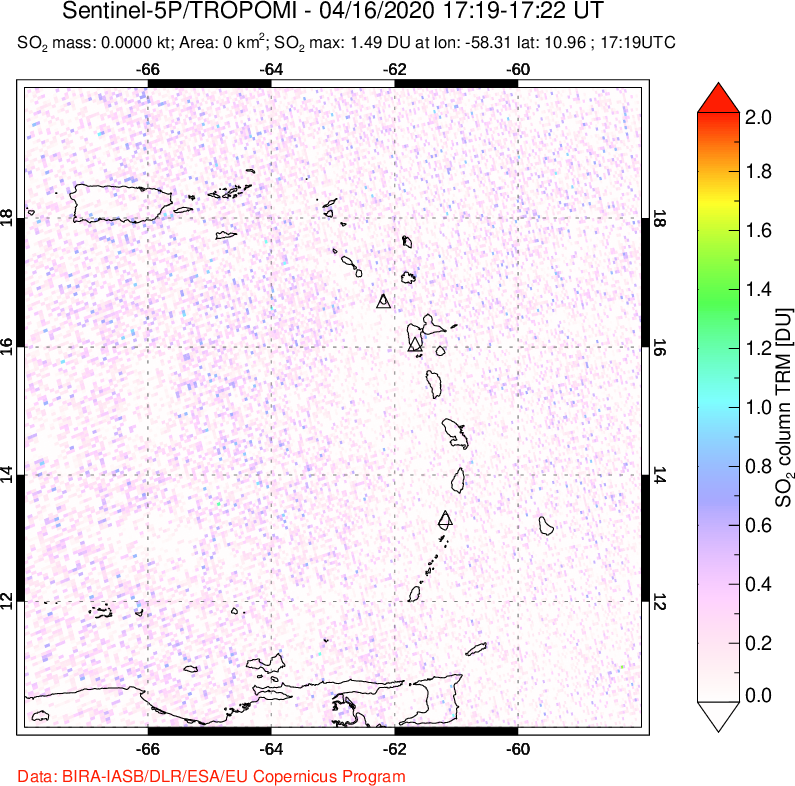 A sulfur dioxide image over Montserrat, West Indies on Apr 16, 2020.