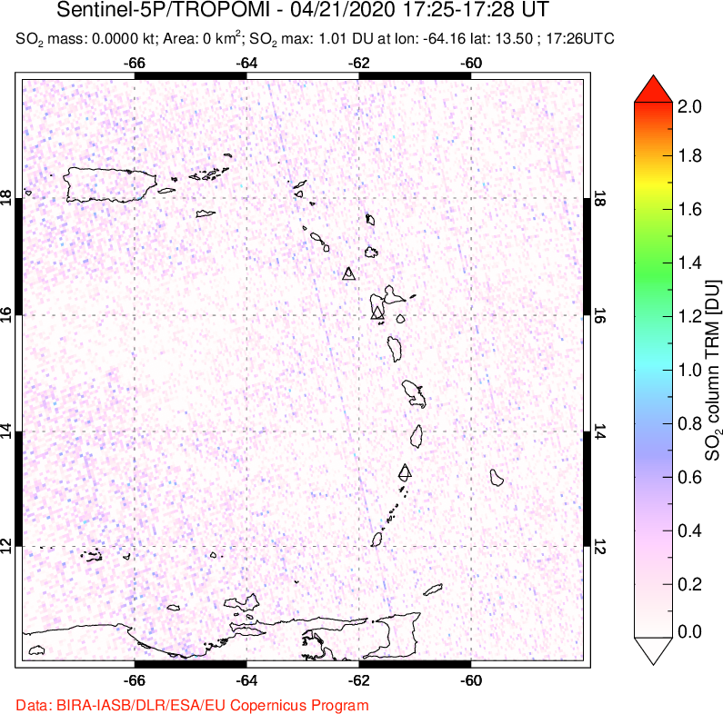 A sulfur dioxide image over Montserrat, West Indies on Apr 21, 2020.
