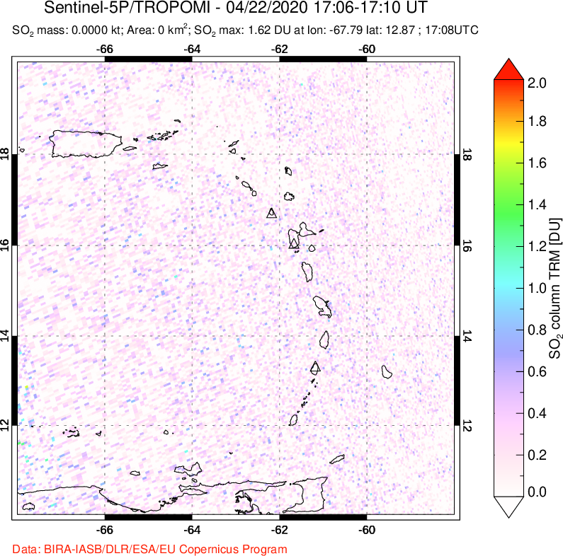 A sulfur dioxide image over Montserrat, West Indies on Apr 22, 2020.