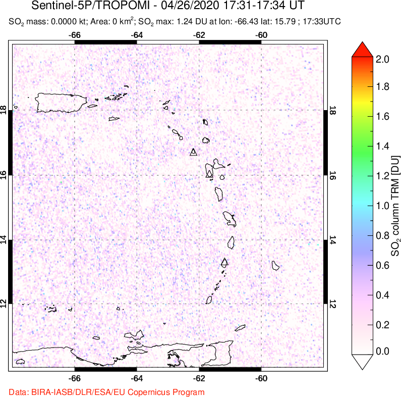 A sulfur dioxide image over Montserrat, West Indies on Apr 26, 2020.