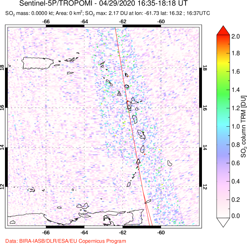 A sulfur dioxide image over Montserrat, West Indies on Apr 29, 2020.