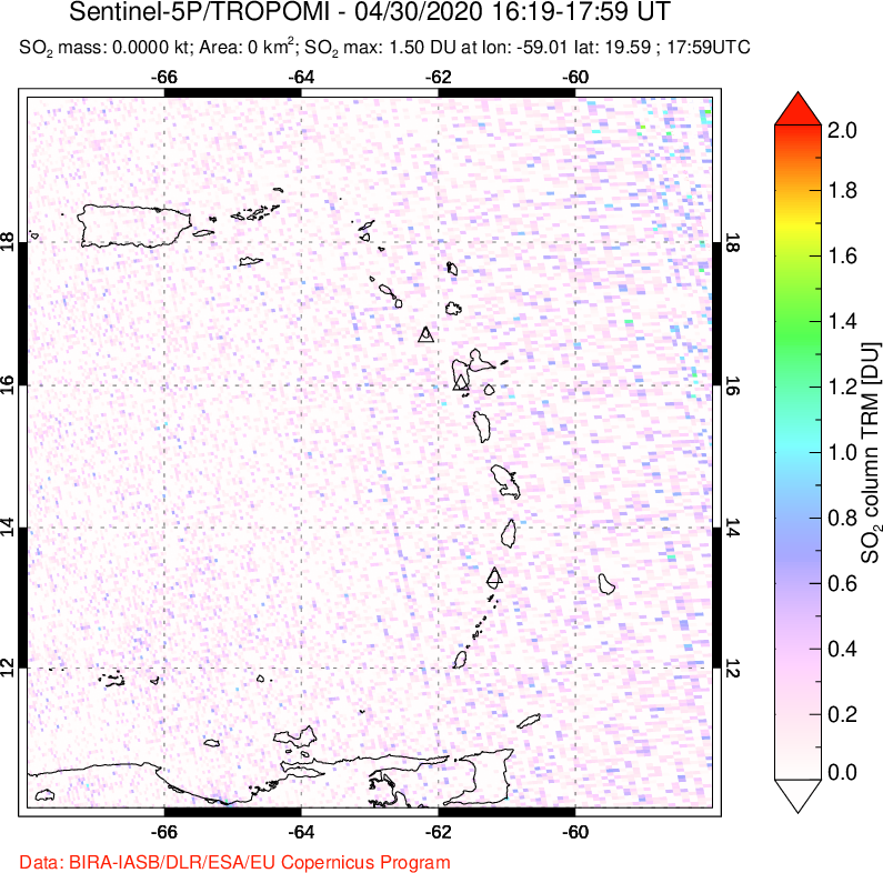A sulfur dioxide image over Montserrat, West Indies on Apr 30, 2020.