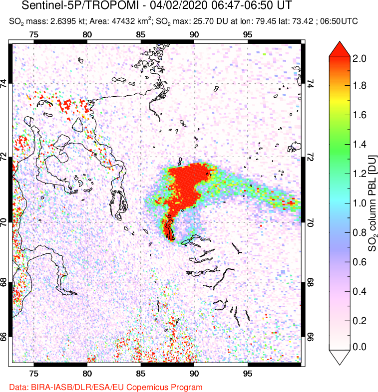 A sulfur dioxide image over Norilsk, Russian Federation on Apr 02, 2020.