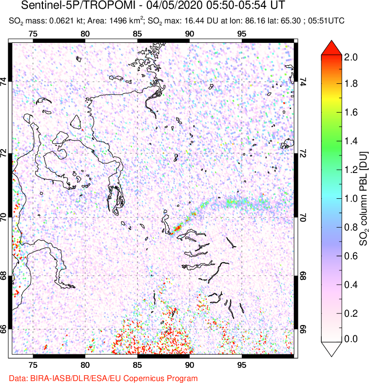 A sulfur dioxide image over Norilsk, Russian Federation on Apr 05, 2020.
