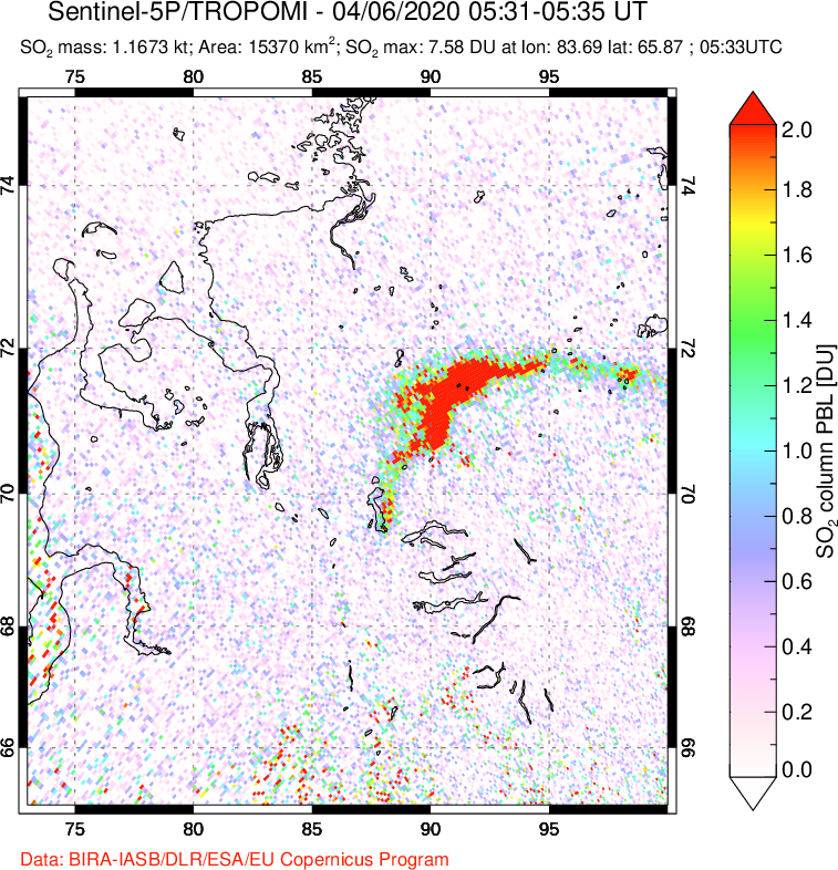 A sulfur dioxide image over Norilsk, Russian Federation on Apr 06, 2020.