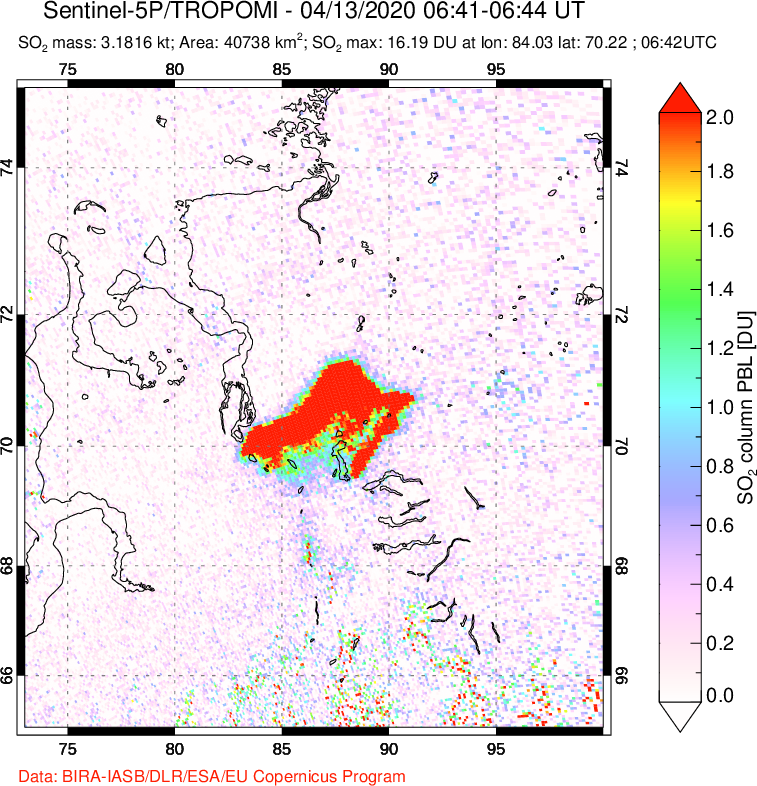 A sulfur dioxide image over Norilsk, Russian Federation on Apr 13, 2020.
