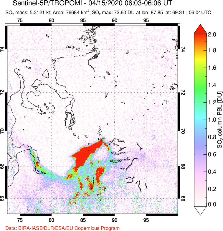 A sulfur dioxide image over Norilsk, Russian Federation on Apr 15, 2020.
