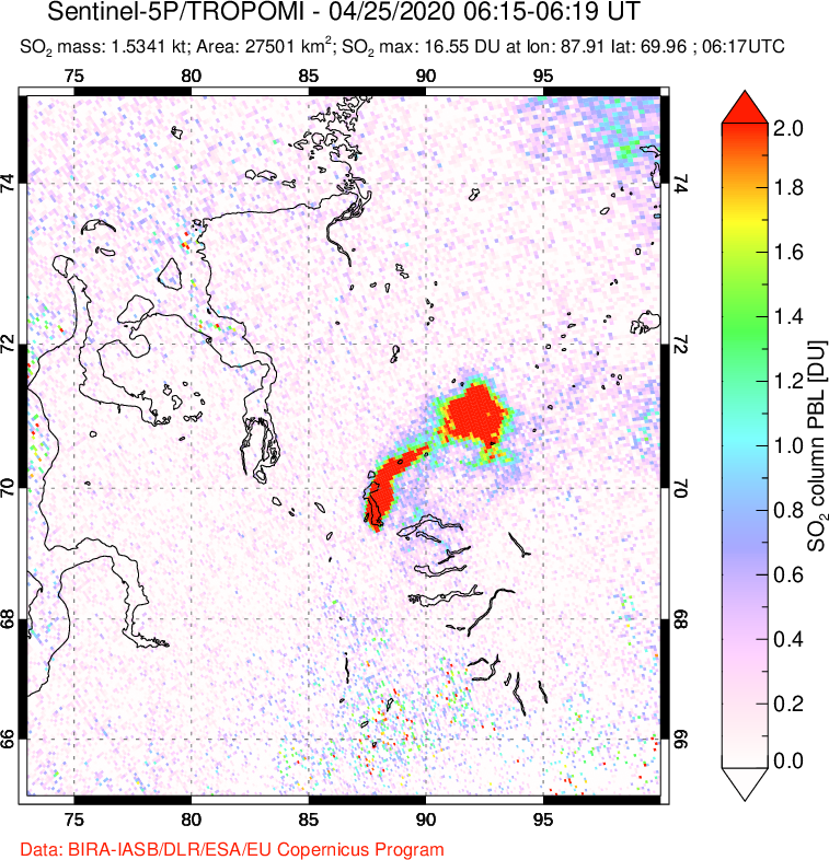 A sulfur dioxide image over Norilsk, Russian Federation on Apr 25, 2020.