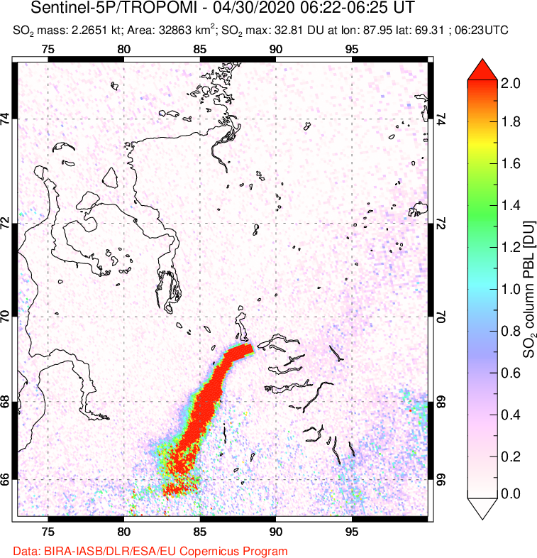 A sulfur dioxide image over Norilsk, Russian Federation on Apr 30, 2020.