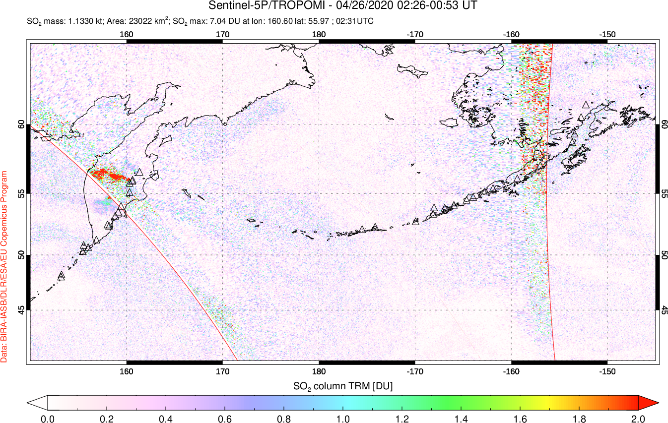A sulfur dioxide image over North Pacific on Apr 26, 2020.