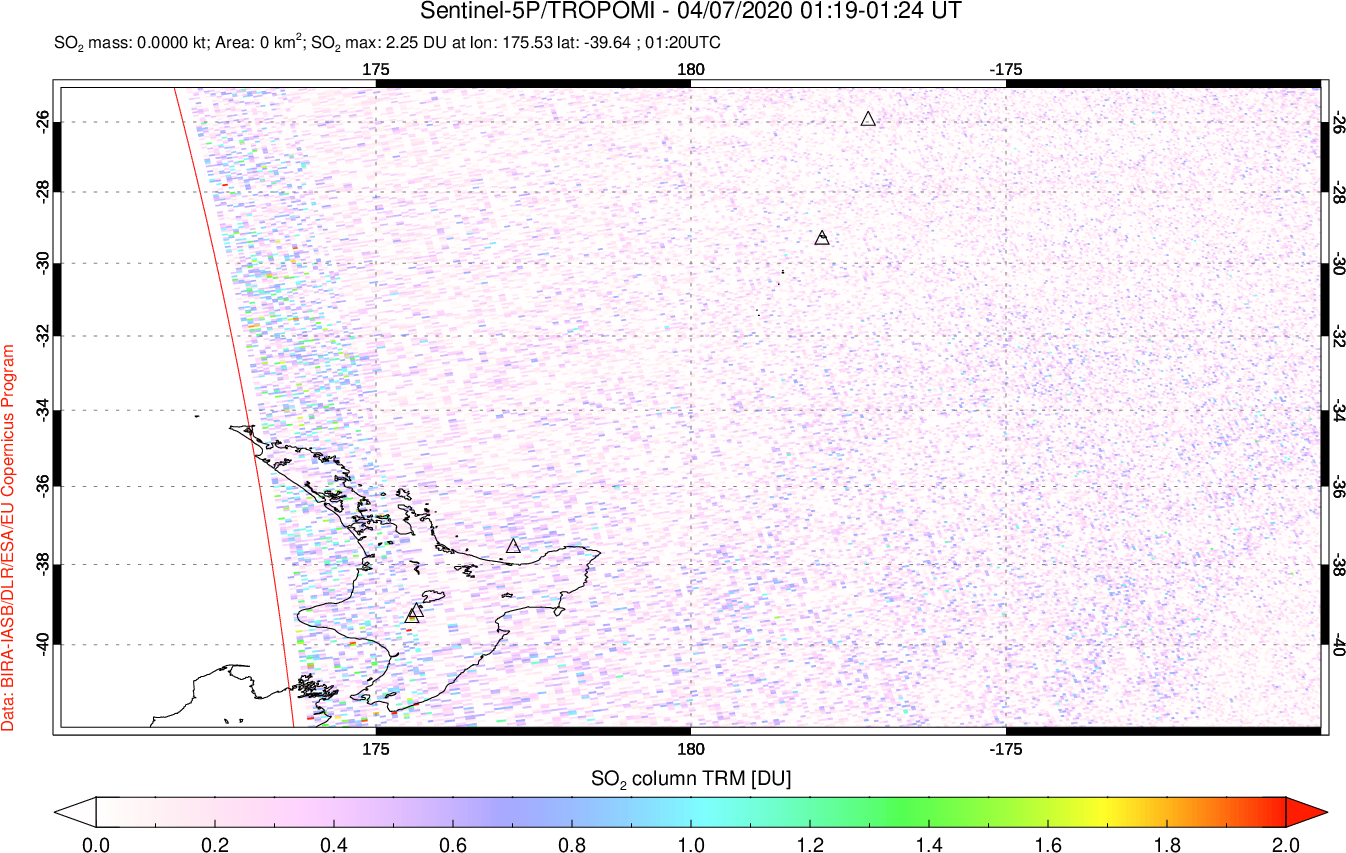A sulfur dioxide image over New Zealand on Apr 07, 2020.
