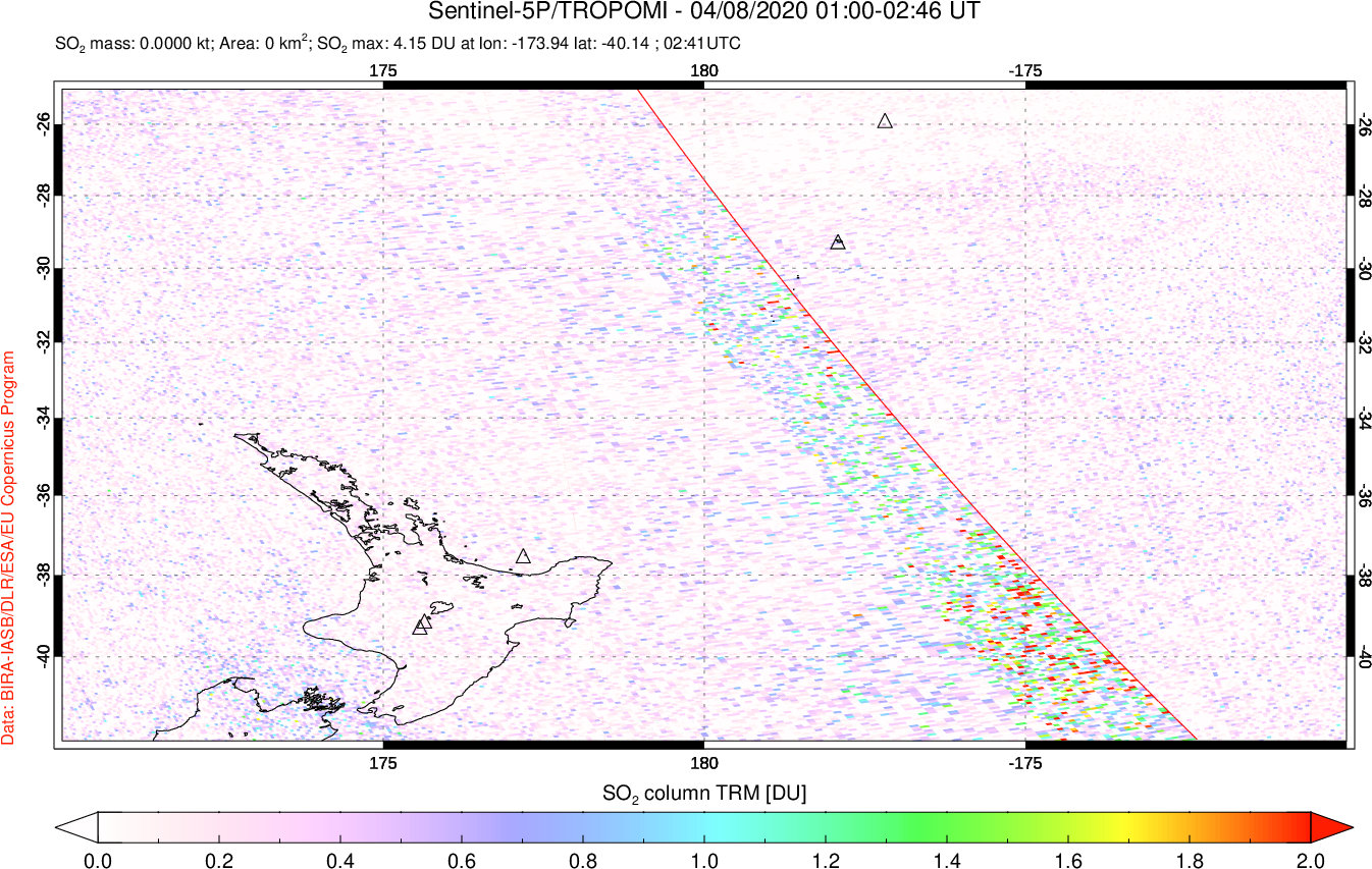 A sulfur dioxide image over New Zealand on Apr 08, 2020.