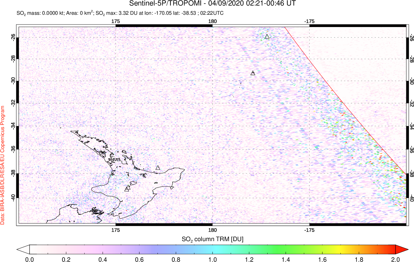 A sulfur dioxide image over New Zealand on Apr 09, 2020.