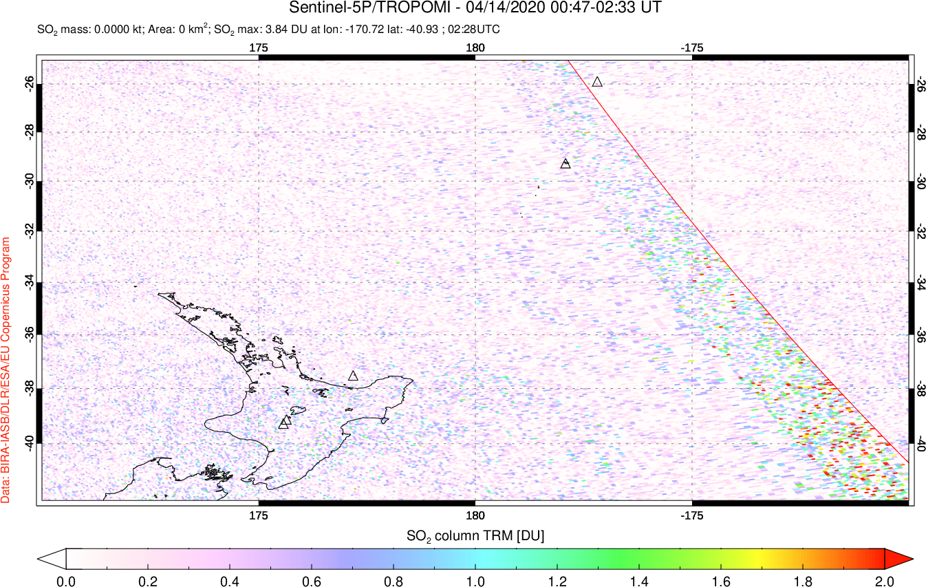 A sulfur dioxide image over New Zealand on Apr 14, 2020.