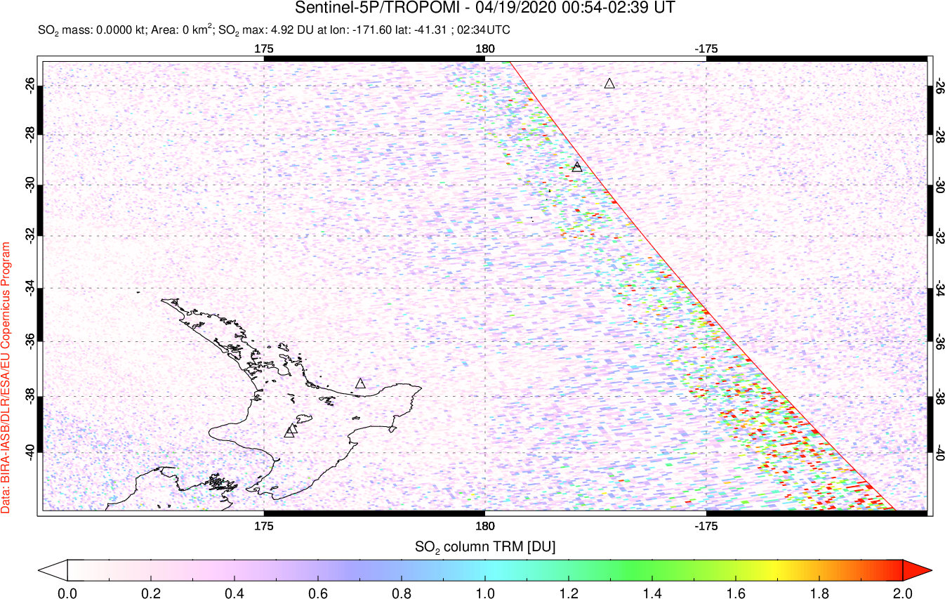 A sulfur dioxide image over New Zealand on Apr 19, 2020.