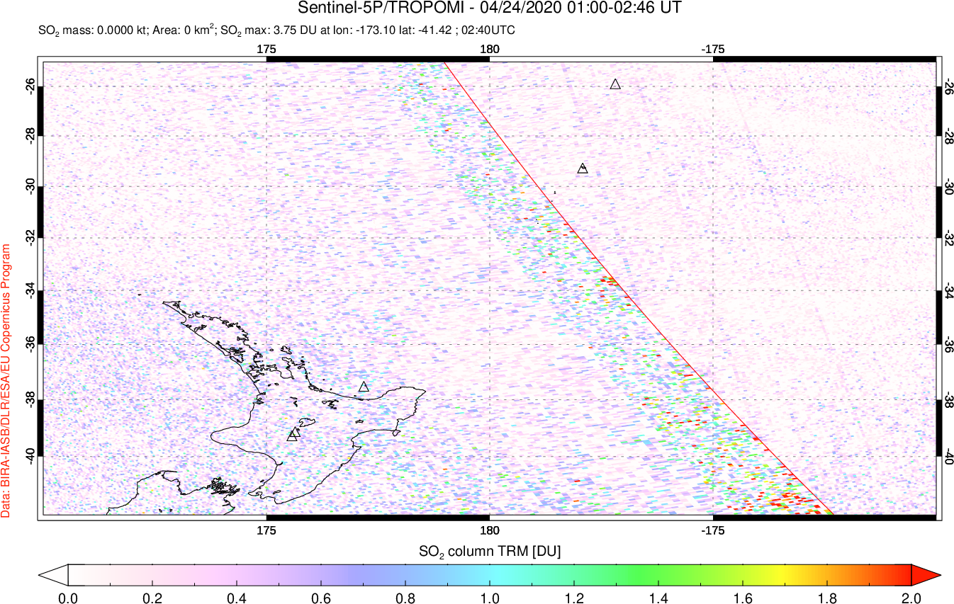 A sulfur dioxide image over New Zealand on Apr 24, 2020.