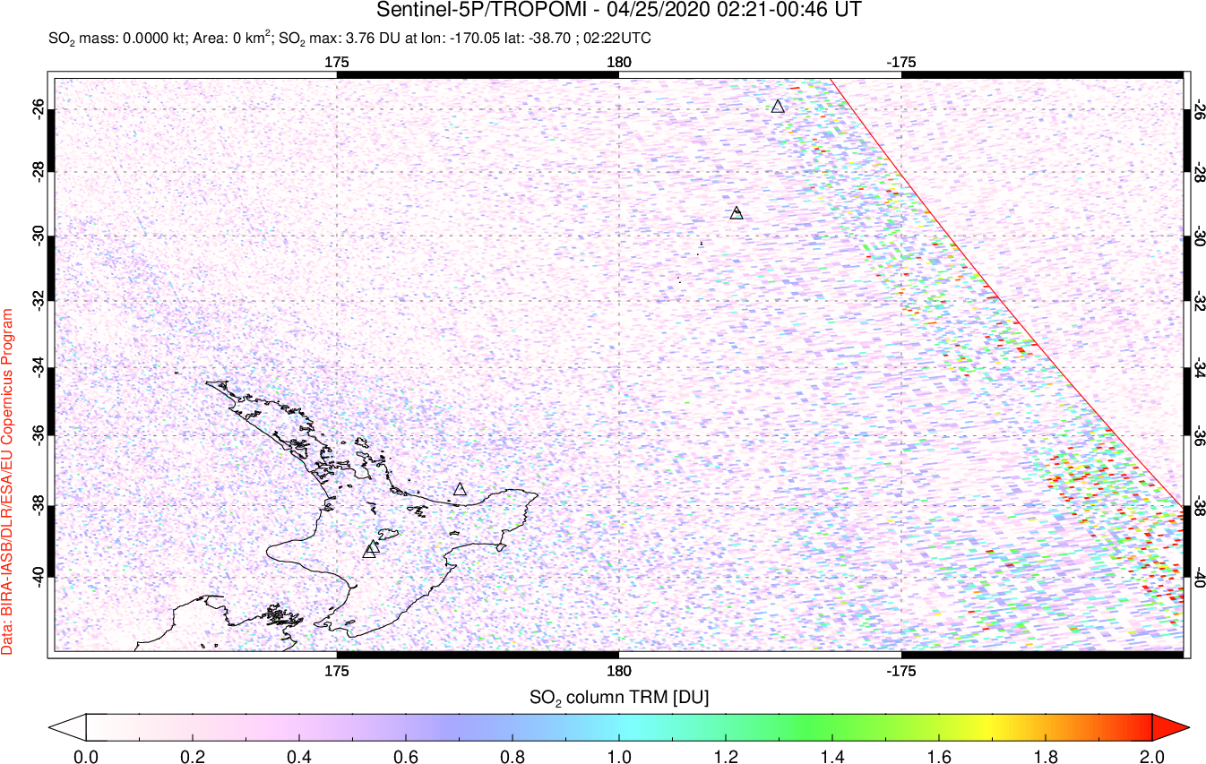 A sulfur dioxide image over New Zealand on Apr 25, 2020.